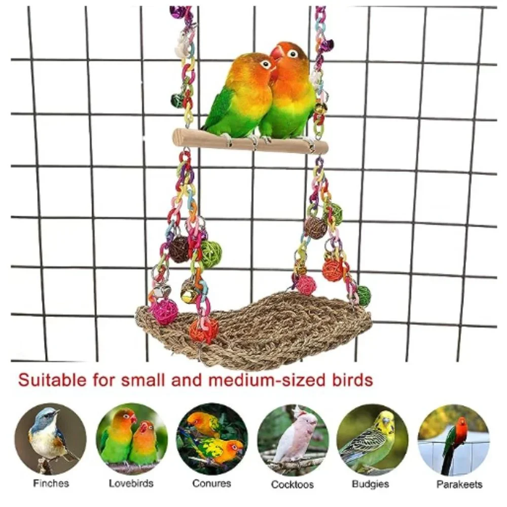 Woven-Seagrass Bird Hammock - Bird Swing Toys w/ Wood Perch